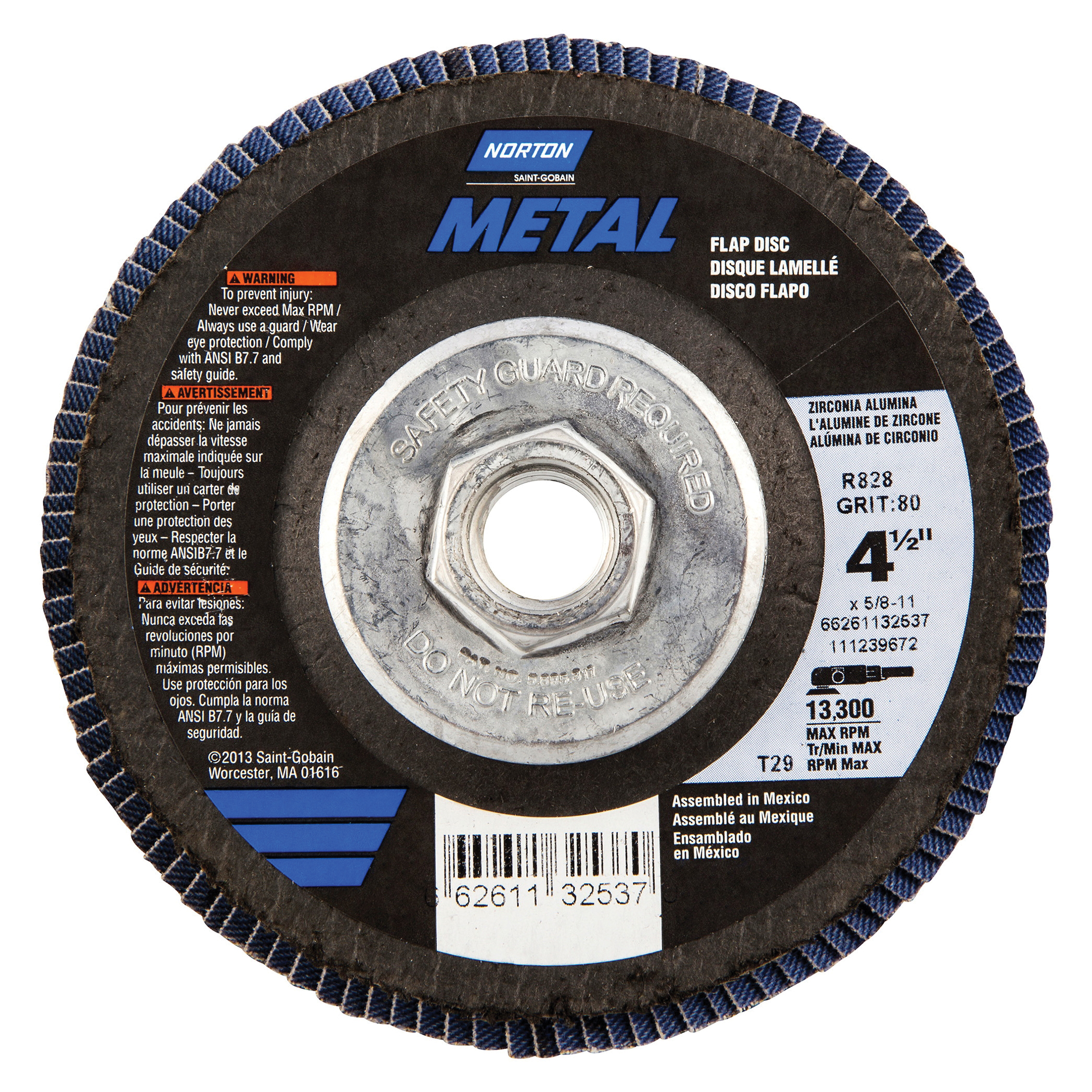Norton® Metal® 66261132537 R828 Arbor Thread Coated Abrasive Flap Disc, 4-1/2 in Dia, P80 Grit, Coarse Grade, Zirconia Alumina Abrasive, Type 29 Conical Disc