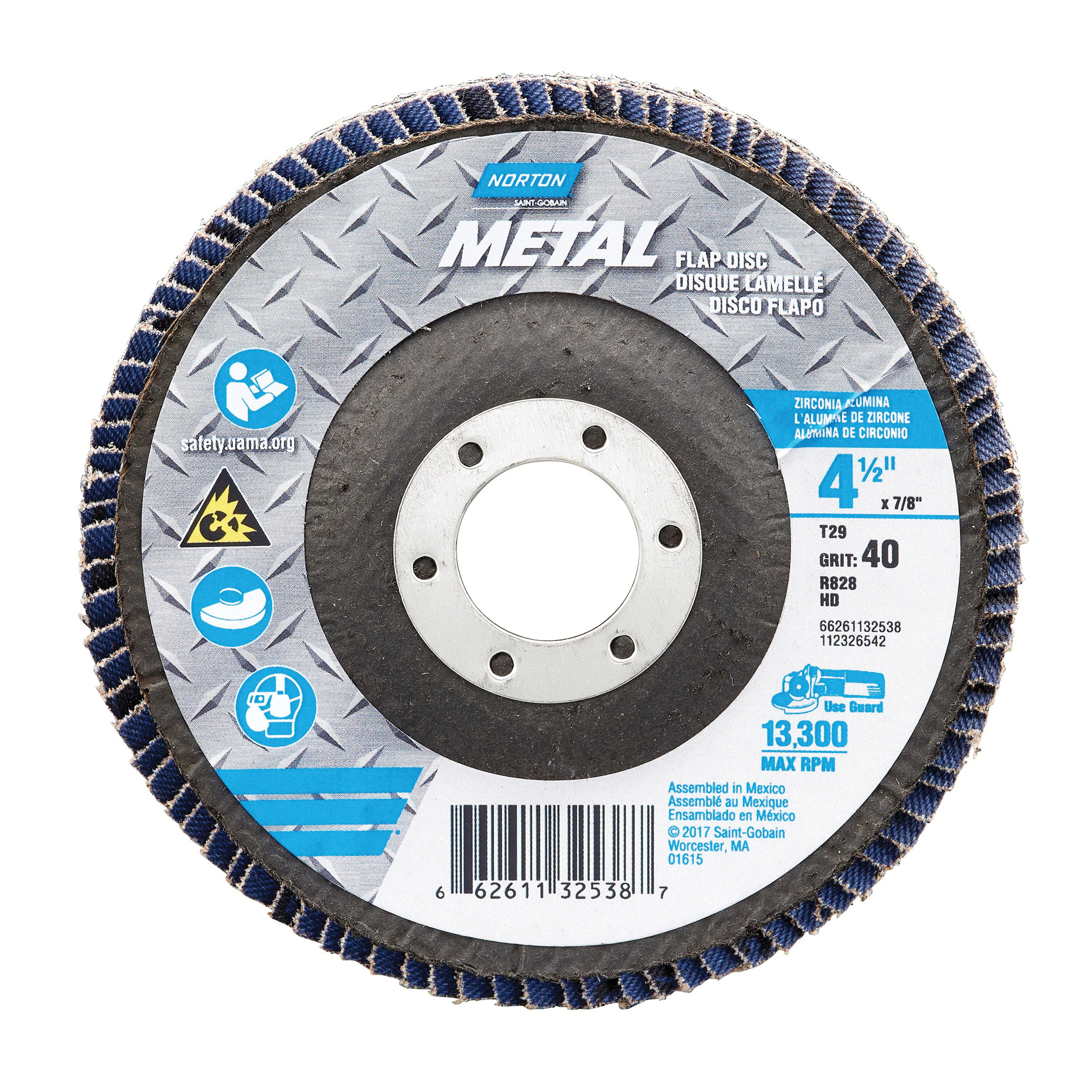 Norton® Metal® 66261132538 R828 Center Mount Coated Abrasive Flap Disc, 4-1/2 in Dia, 7/8 in Center Hole, P40 Grit, Extra Coarse Grade, Zirconia Alumina Abrasive, Type 29 Conical Disc