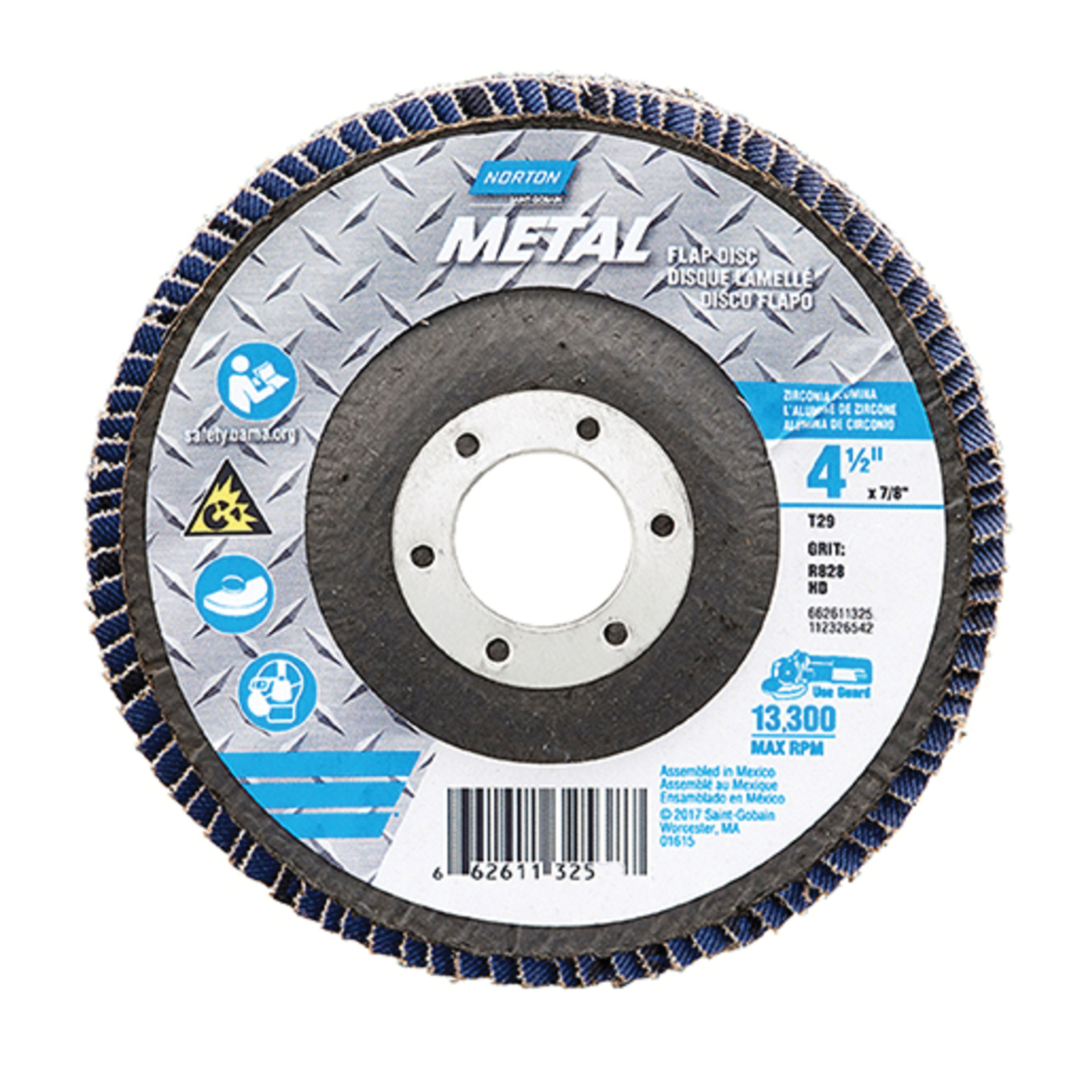 Norton® Metal® 66261132540 R828 Center Mount Coated Abrasive Flap Disc, 4-1/2 in Dia, 7/8 in Center Hole, P80 Grit, Coarse Grade, Zirconia Alumina Abrasive, Type 29 Conical Disc
