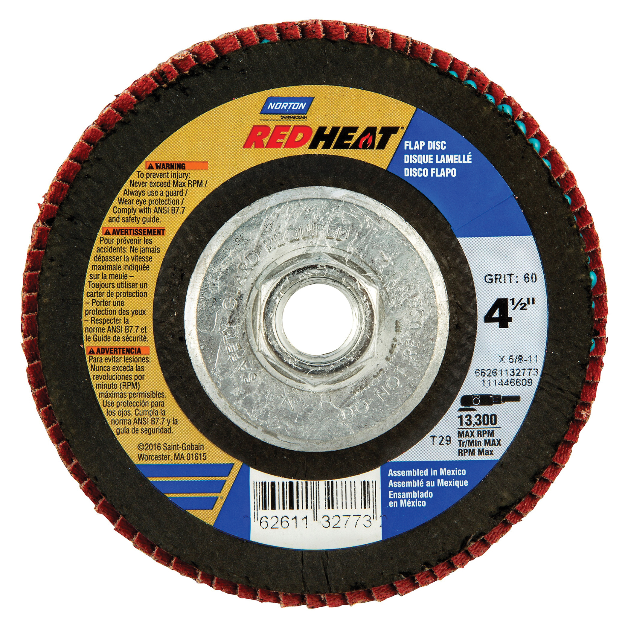 Norton® Red Heat® 66261132773 R983 Arbor Thread Coated Abrasive Flap Disc, 4-1/2 in Dia, 60 Grit, Coarse Grade, Ceramic Alumina Abrasive, Type 29 Conical Disc