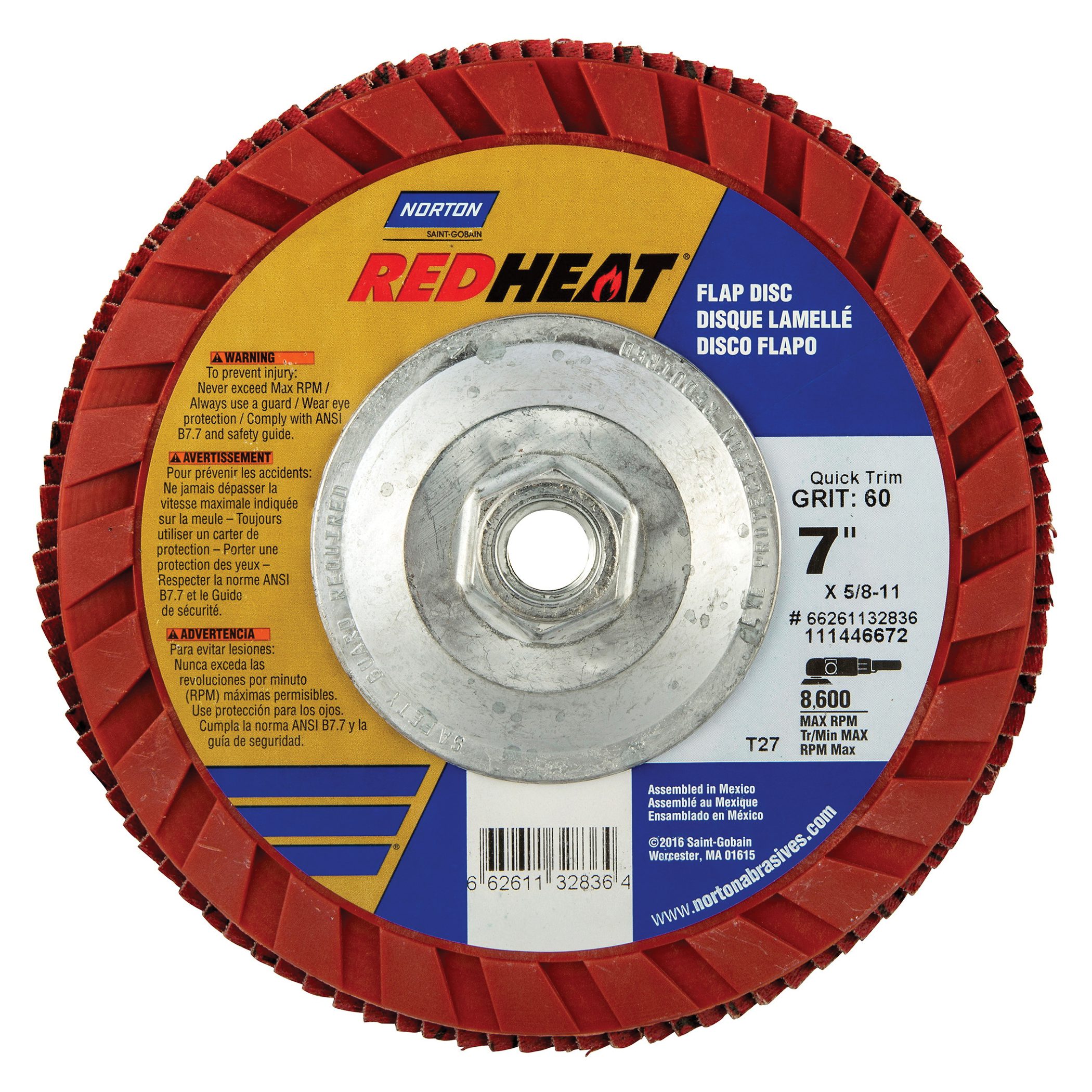 Norton® Red Heat® 66261132836 R983 Arbor Thread Coated Abrasive Flap Disc, 7 in Dia, 80 Grit, Coarse Grade, Ceramic Alumina Abrasive, Type 27 Flat Disc