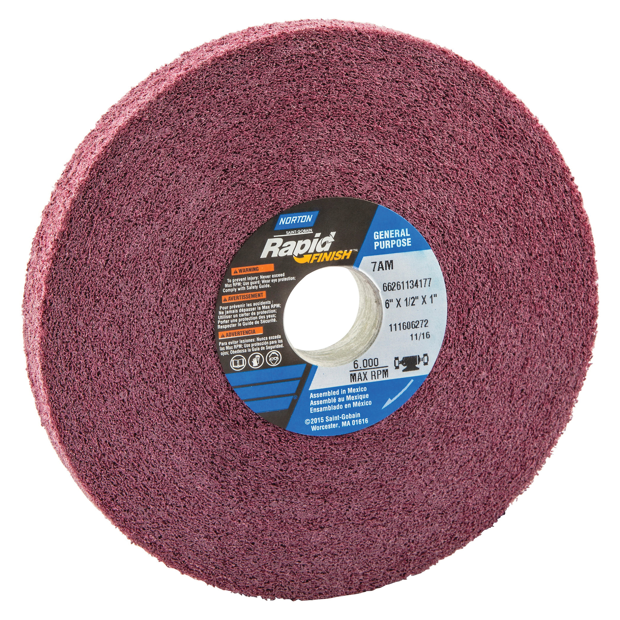 Norton® Bear-Tex® Rapid Finish™ 66261134177 Convolute Non-Woven Abrasive Wheel, 6 in Dia, 1 in Center Hole, 1/2 in W Face, Medium Grade, Aluminum Oxide Abrasive
