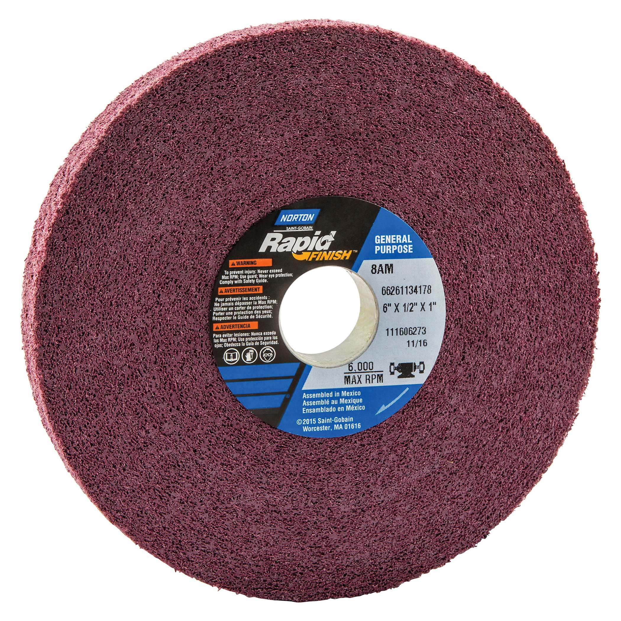 Norton® Bear-Tex® Rapid Finish™ 66261134178 Convolute Non-Woven Abrasive Wheel, 6 in Dia, 1 in Center Hole, 1/2 in W Face, Medium Grade, Aluminum Oxide Abrasive