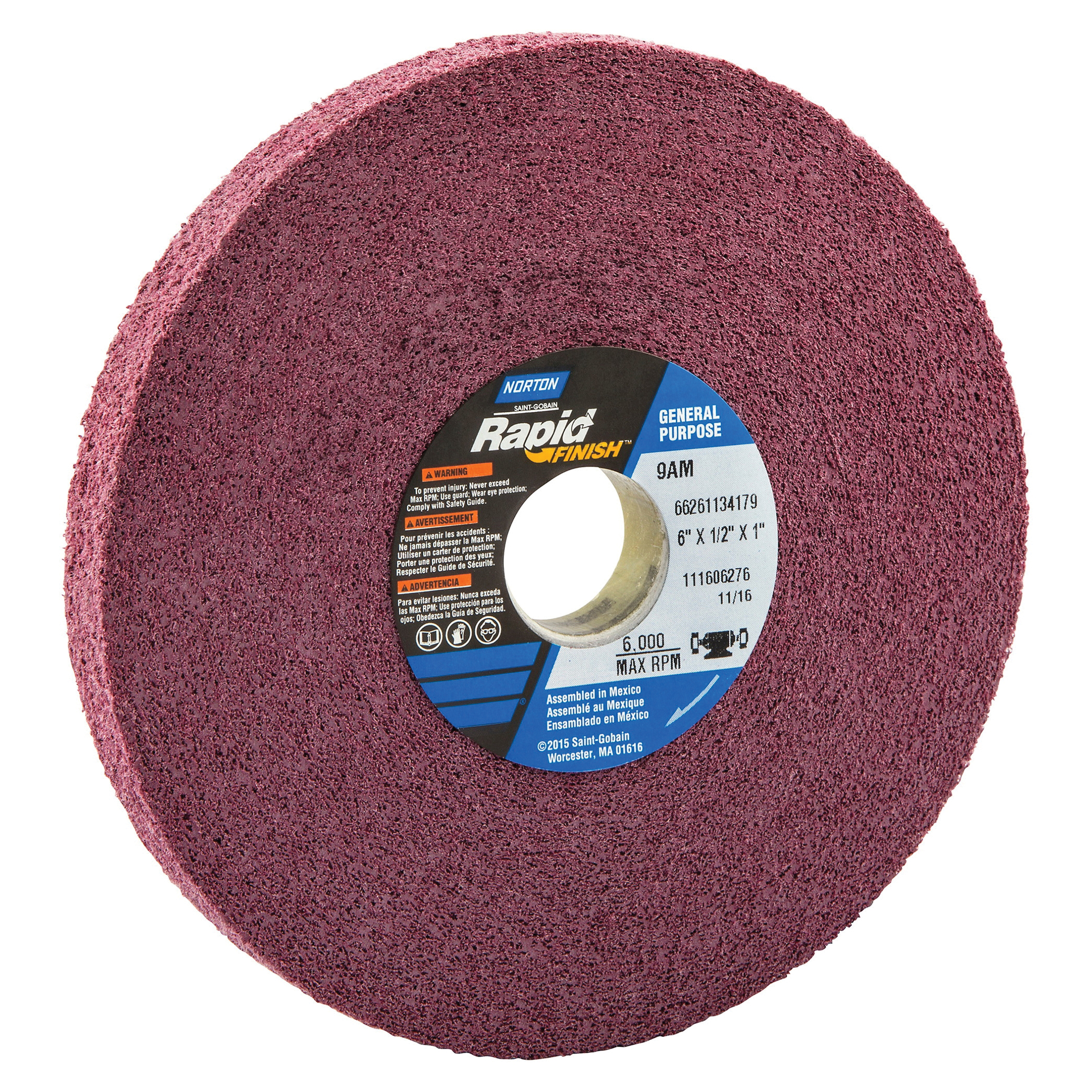 Norton® Bear-Tex® Rapid Finish™ 66261134179 Convolute Non-Woven Abrasive Wheel, 6 in Dia, 1 in Center Hole, 1/2 in W Face, Medium Grade, Aluminum Oxide Abrasive
