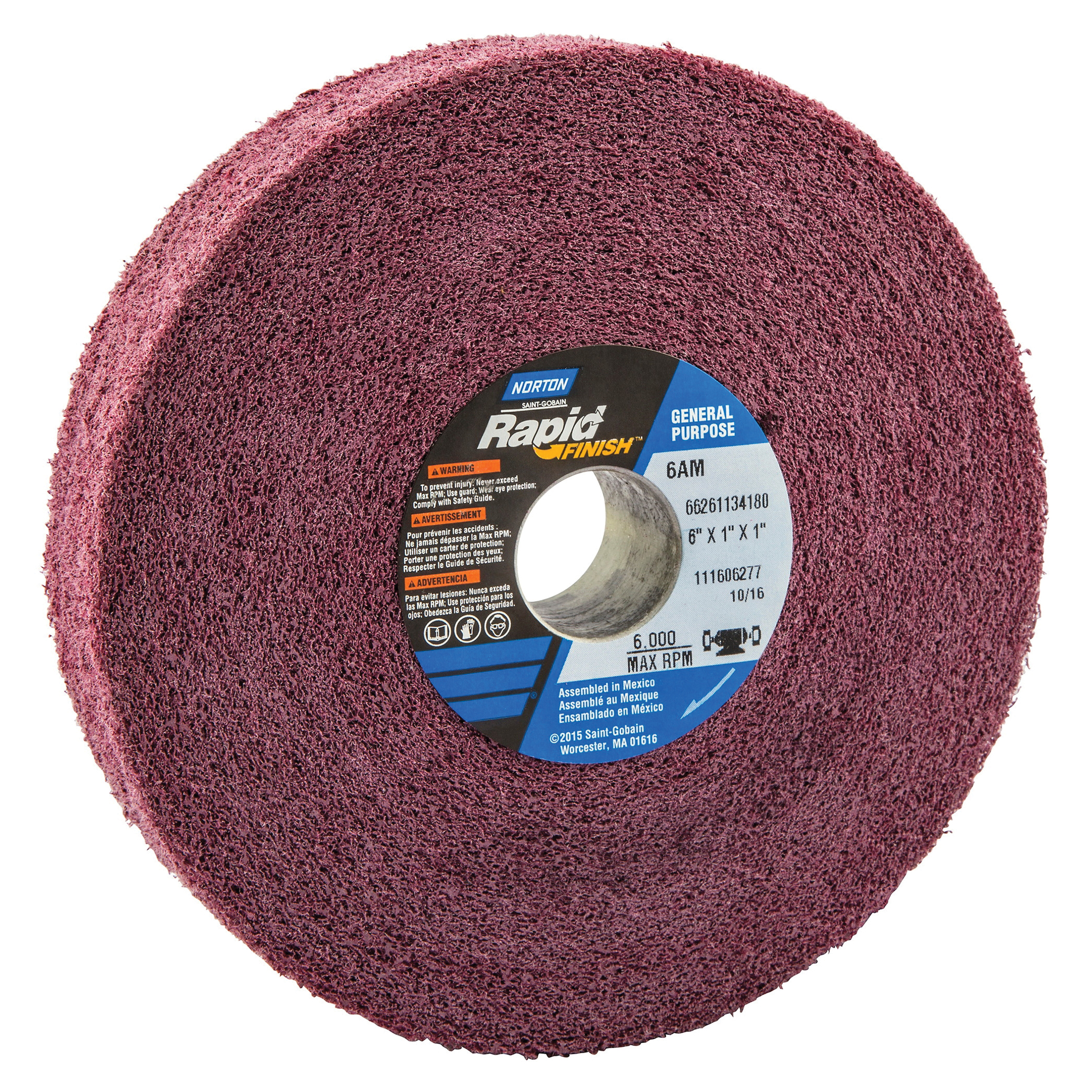 Norton® Bear-Tex® Rapid Finish™ 66261134180 Convolute Non-Woven Abrasive Wheel, 6 in Dia, 1 in Center Hole, 1 in W Face, Medium Grade, Aluminum Oxide Abrasive