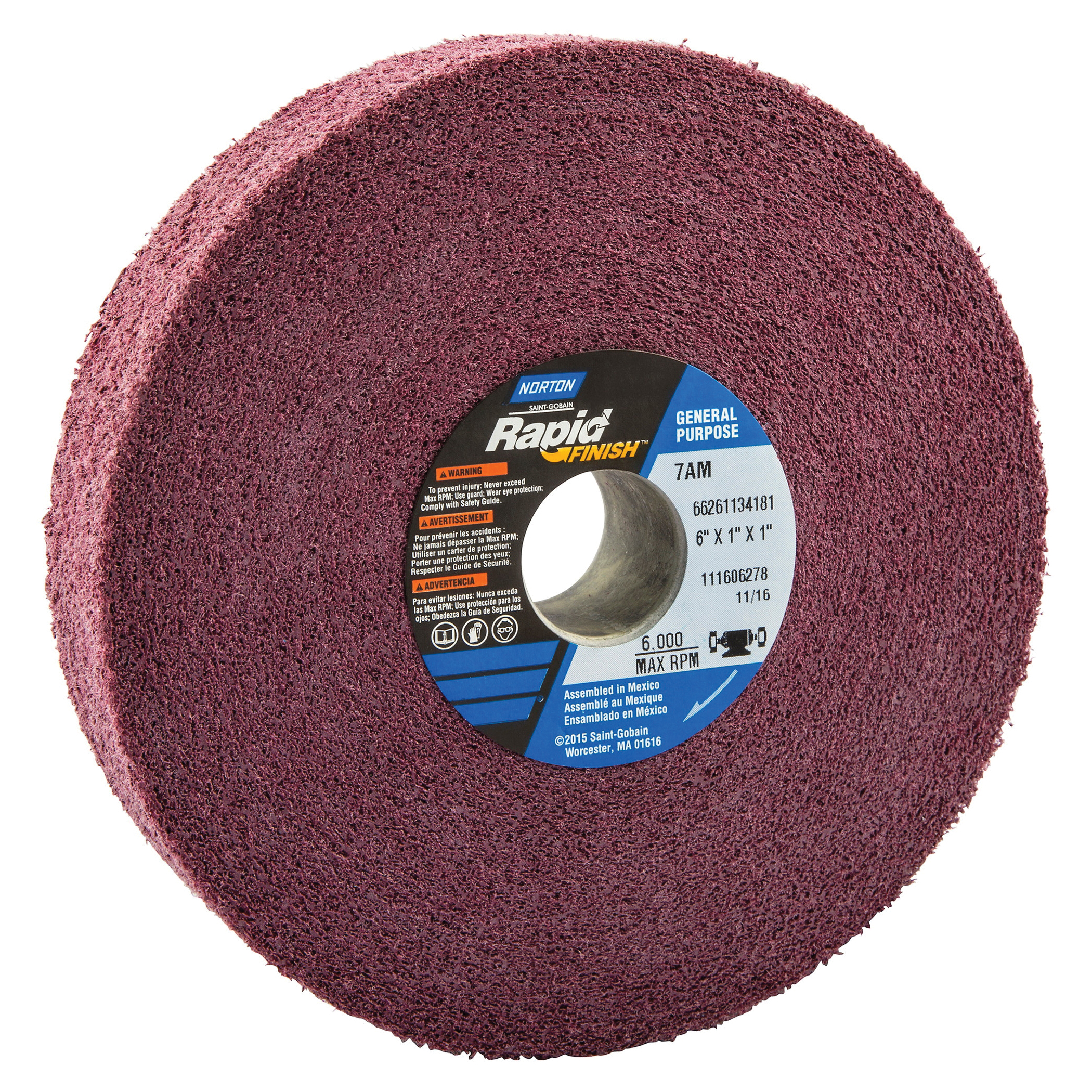 Norton® Bear-Tex® Rapid Finish™ 66261134181 Convolute Non-Woven Abrasive Wheel, 6 in Dia, 1 in Center Hole, 1 in W Face, Medium Grade, Aluminum Oxide Abrasive