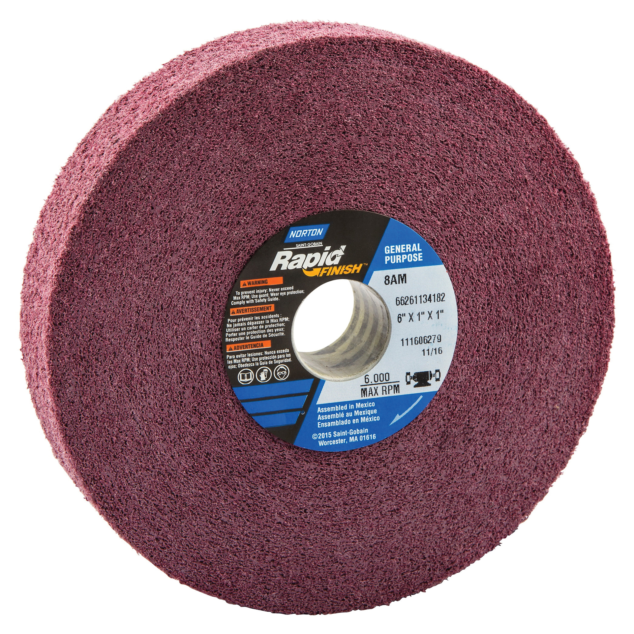 Norton® Bear-Tex® Rapid Finish™ 66261134182 Convolute Non-Woven Abrasive Wheel, 6 in Dia, 1 in Center Hole, 1 in W Face, Medium Grade, Aluminum Oxide Abrasive