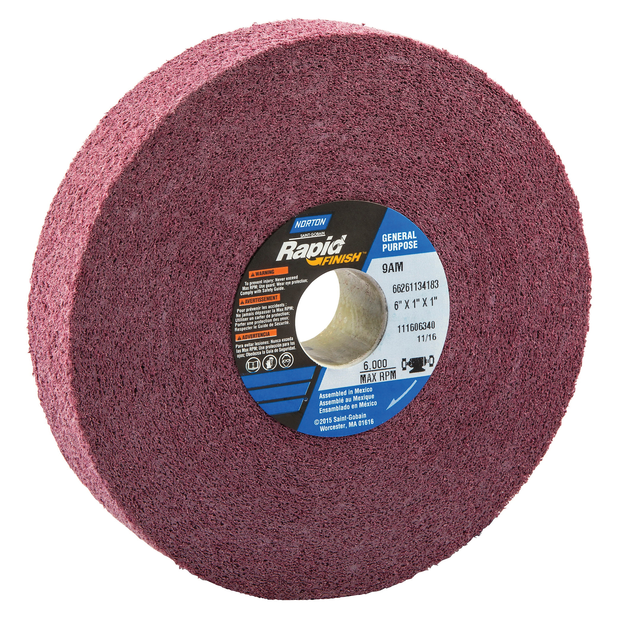 Norton® Bear-Tex® Rapid Finish™ 66261134183 Convolute Non-Woven Abrasive Wheel, 6 in Dia, 1 in Center Hole, 1 in W Face, Medium Grade, Aluminum Oxide Abrasive