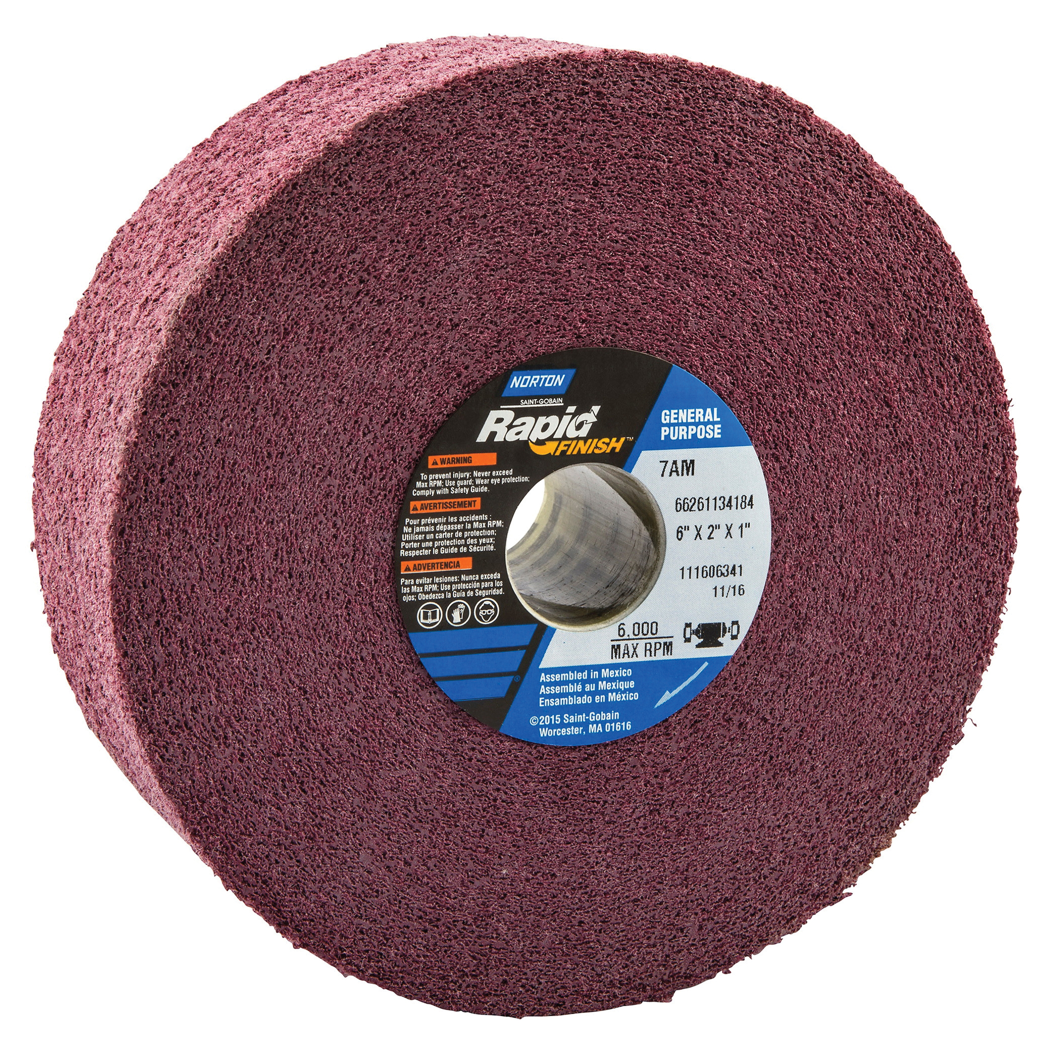 Norton® Bear-Tex® Rapid Finish™ 66261134184 Convolute Non-Woven Abrasive Wheel, 6 in Dia, 1 in Center Hole, 1 in W Face, Medium Grade, Aluminum Oxide Abrasive