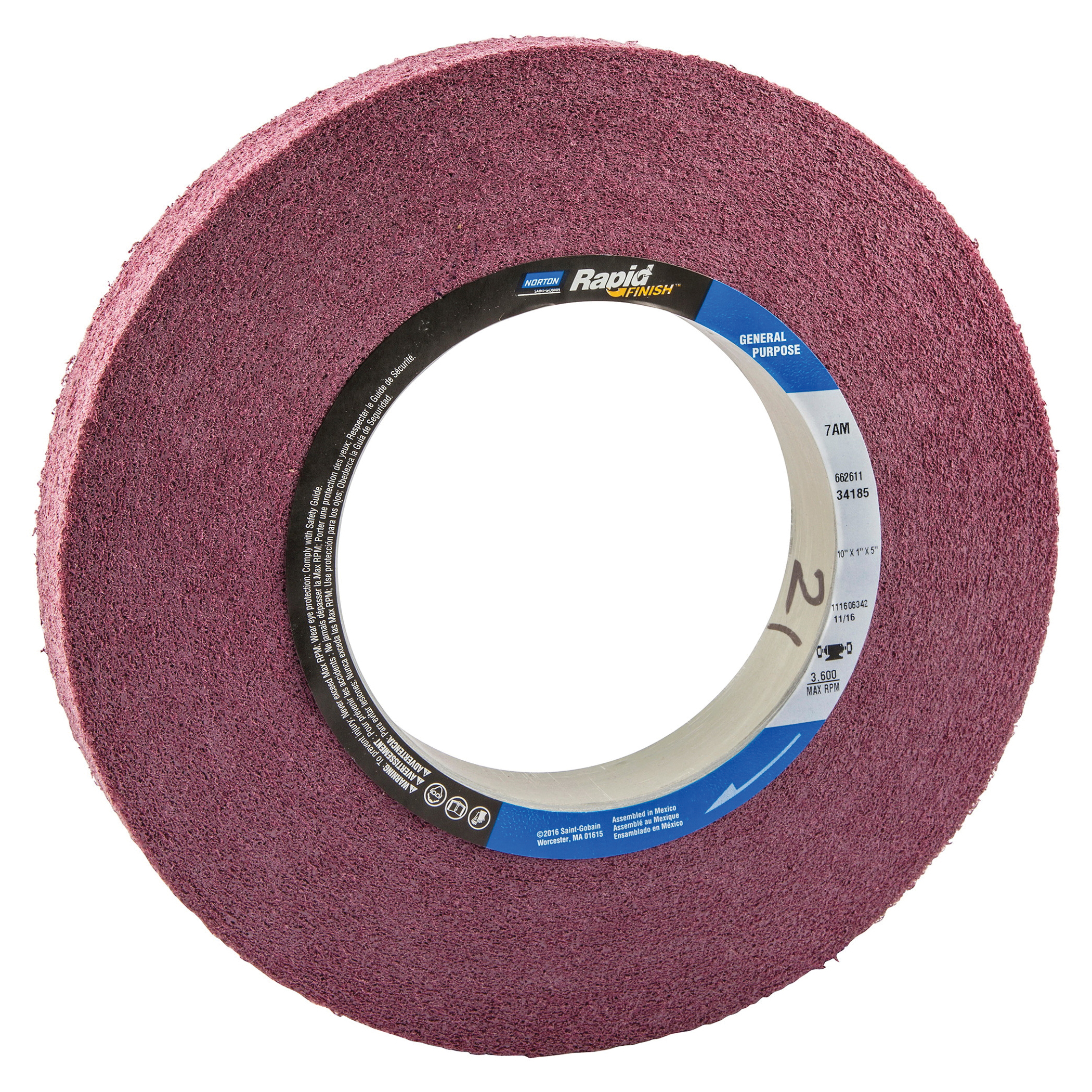 Norton® Bear-Tex® Rapid Finish™ 66261134185 Convolute Non-Woven Abrasive Wheel, 10 in Dia, 5 in Center Hole, 1 in W Face, Medium Grade, Aluminum Oxide Abrasive