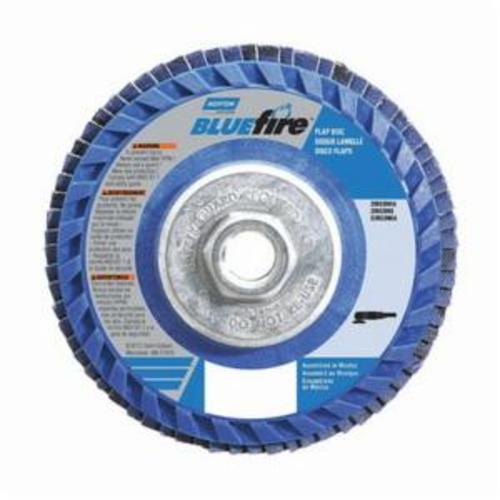 Norton® BlueFire® 66623341086 R884P Arbor Thread Quick-Trim Standard Density Coated Abrasive Flap Disc, 4-1/2 in Dia, P36 Grit, Extra Coarse Grade, Zirconia Alumina Plus Abrasive, Type 27 Flat Disc
