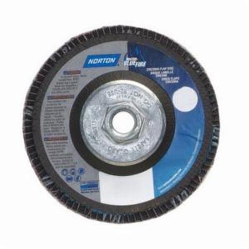 Norton® BlueFire® 66623341104 R884P Arbor Thread Standard Density Coated Abrasive Flap Disc, 4-1/2 in Dia, P36 Grit, Extra Coarse Grade, Zirconia Alumina Plus Abrasive, Type 29 Conical Disc