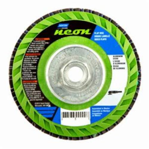 Norton® Neon® 66623399000 R766 Arbor Thread Quick-Trim Standard Density Coated Abrasive Flap Disc, 4-1/2 in Dia, P40 Grit, Extra Coarse Grade, Aluminum Oxide/Zirconia Alumina Abrasive, Type 27 Flat Disc