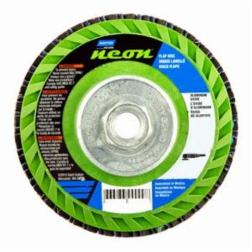 Norton® Neon® 66623399001 R766 Arbor Thread Quick-Trim Standard Density Coated Abrasive Flap Disc, 4-1/2 in Dia, P60 Grit, Coarse Grade, Aluminum Oxide/Zirconia Alumina Abrasive, Type 27 Flat Disc