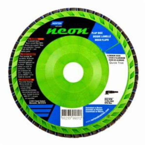 Norton® Neon® 66623399013 R766 Center Mount Quick-Trim Standard Density Coated Abrasive Flap Disc, 6 in Dia, 7/8 in Center Hole, P60 Grit, Coarse Grade, Aluminum Oxide/Zirconia Alumina Abrasive, Type 27 Flat Disc