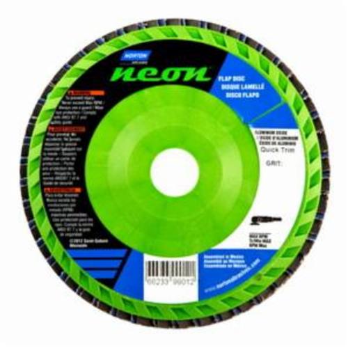 Norton® Neon® 66623399015 R766 Center Mount Quick-Trim Standard Density Coated Abrasive Flap Disc, 6 in Dia, 7/8 in Center Hole, P120 Grit, Medium Grade, Aluminum Oxide/Zirconia Alumina Abrasive, Type 27 Flat Disc