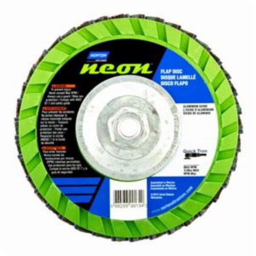 Norton® Neon® 66623399019 R766 Arbor Thread Quick-Trim Standard Density Coated Abrasive Flap Disc, 7 in Dia, P120 Grit, Medium Grade, Aluminum Oxide/Zirconia Alumina Abrasive, Type 27 Flat Disc