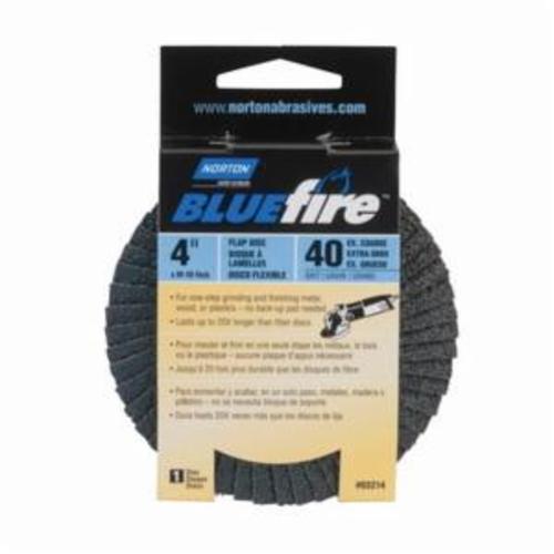 Norton® BlueFire® 66623399050 R884P Center Mount Standard Density Coated Abrasive Flap Disc, 4 in Dia, 5/8 in Center Hole, P40 Grit, Extra Coarse Grade, Zirconia Alumina Plus Abrasive, Type 29 Conical Disc