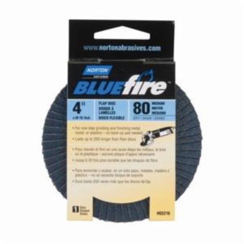Norton® BlueFire® 66623399052 R884P Center Mount Standard Density Coated Abrasive Flap Disc, 4 in Dia, 5/8 in Center Hole, P80 Grit, Coarse Grade, Zirconia Alumina Plus Abrasive, Type 29 Conical Disc