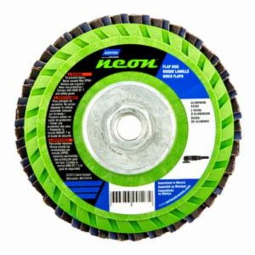 Norton® Neon® 66623399128 R766 Arbor Thread Quick-Trim Standard Density Coated Abrasive Flap Disc, 5 in Dia, P40 Grit, Extra Coarse Grade, Aluminum Oxide/Zirconia Alumina Abrasive, Type 27 Flat Disc