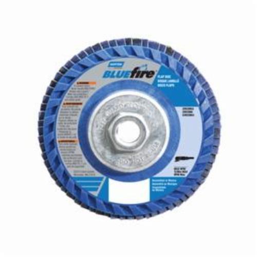 Norton® BlueFire® 66623399136 R884P Arbor Thread Quick-Trim Standard Density Coated Abrasive Flap Disc, 4-1/2 in Dia, P36 Grit, Extra Coarse Grade, Zirconia Alumina Plus Abrasive, Type 27 Flat Disc