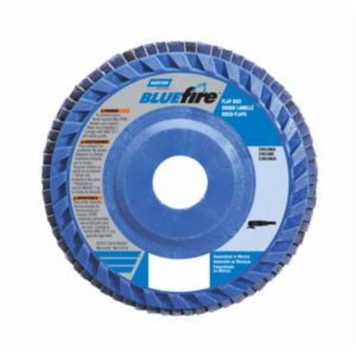 Norton® BlueFire® 66623399140 R884P Center Mount Quick-Trim Standard Density Coated Abrasive Flap Disc, 4-1/2 in Dia, 7/8 in Center Hole, P36 Grit, Extra Coarse Grade, Zirconia Alumina Plus Abrasive, Type 27 Flat Disc