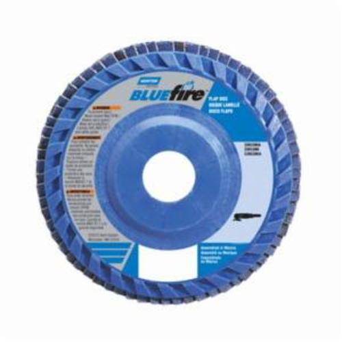 Norton® BlueFire® 66623399151 R884P Center Mount Quick-Trim Standard Density Coated Abrasive Flap Disc, 5 in Dia, 7/8 in Center Hole, P80 Grit, Coarse Grade, Zirconia Alumina Plus Abrasive, Type 27 Flat Disc