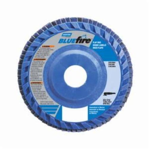 Norton® BlueFire® 66623399159 R884P Center Mount Quick-Trim Standard Density Coated Abrasive Flap Disc, 7 in Dia, 7/8 in Center Hole, P36 Grit, Extra Coarse Grade, Zirconia Alumina Plus Abrasive, Type 27 Flat Disc