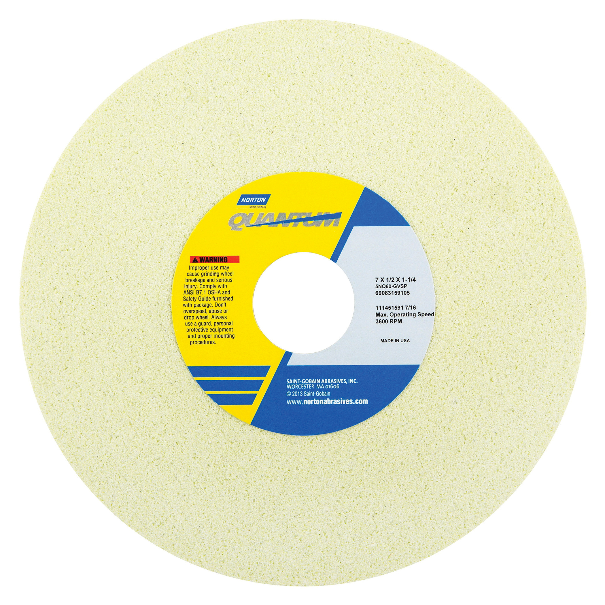 Norton® Quantum™ 69083159105 5NQ Straight Toolroom Wheel, 7 in Dia x 1/2 in THK, 1-1/4 in Center Hole, 60 Grit, Ceramic Alumina Abrasive