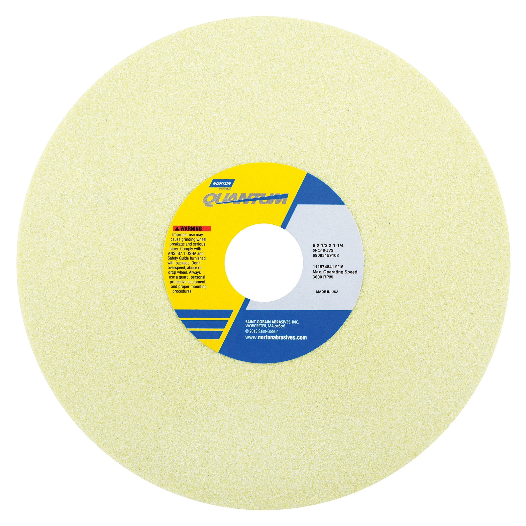 Norton® Quantum™ 69083159107 5NQ Straight Toolroom Wheel, 8 in Dia x 1/2 in THK, 1-1/4 in Center Hole, 46 Grit, Ceramic Alumina Abrasive