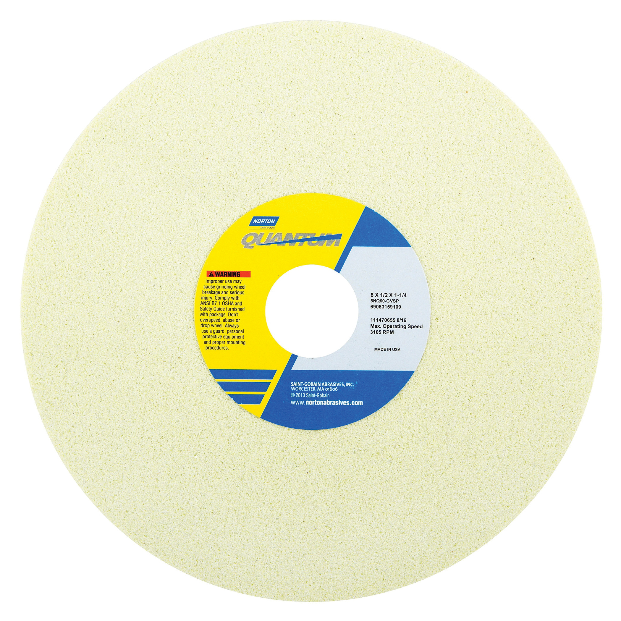 Norton® Quantum™ 69083159109 5NQ Straight Toolroom Wheel, 8 in Dia x 1/2 in THK, 1-1/4 in Center Hole, 60 Grit, Ceramic Alumina Abrasive