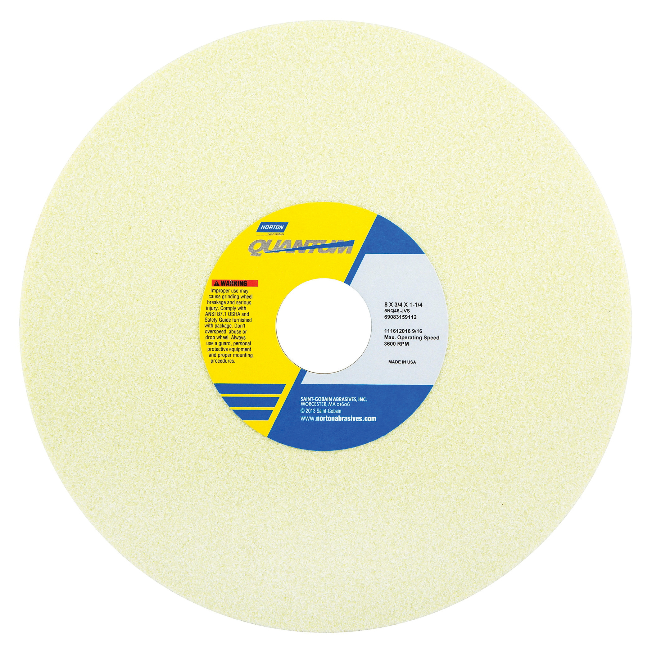 Norton® Quantum™ 69083159111 5NQ Straight Toolroom Wheel, 8 in Dia x 3/4 in THK, 1-1/4 in Center Hole, 46 Grit, Ceramic Alumina Abrasive