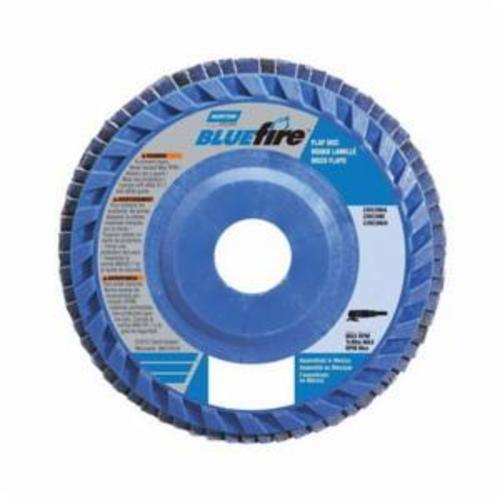 Norton® BlueFire® 77696090081 R884P Center Mount High Density Quick-Trim Coated Abrasive Flap Disc, 4-1/2 in Dia, 7/8 in Center Hole, P36 Grit, Extra Coarse Grade, Zirconia Alumina Plus Abrasive, Type 27 Flat Disc