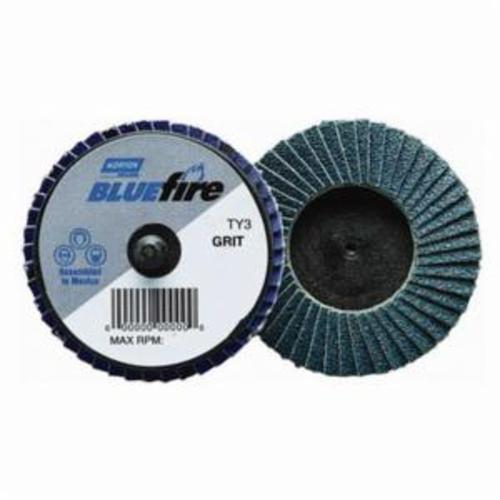 Norton® BlueFire® 77696090165 R884P Extra Heavy Duty Quick-Change TR (Type III) Coated Abrasive Flap Disc, 2 in Dia, P36 Grit, Extra Coarse Grade, Zirconia Alumina Plus Abrasive, Type 27 Flat Disc