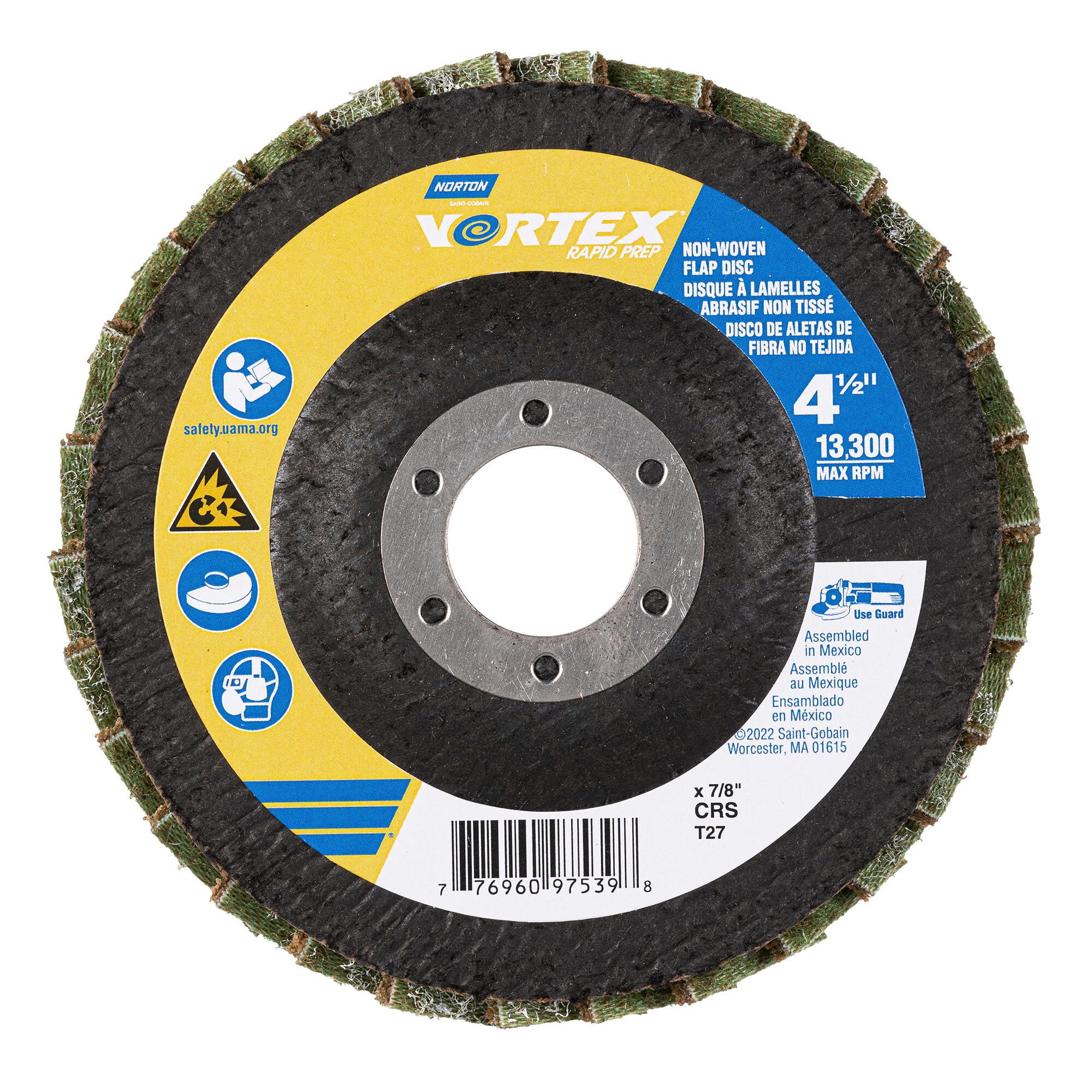Norton® 77696097539 Non-Woven Flap Disc, 4-1/2 in Dia Disc, 7/8 in Center Hole, Coarse Grade, Aluminum Oxide Abrasive, Type 27 Disc