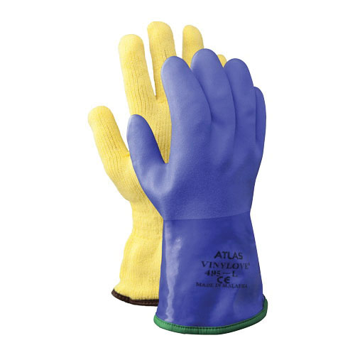Atlas® by Showa Best 495M-08 Insulating Chemical-Resistant Gloves With Top Stitched Edge, M/SZ 8, PVC, Blue, Acrylic/Cotton Lining, 11.8 in L, Resists: Chemicals, Gauntlet Cuff