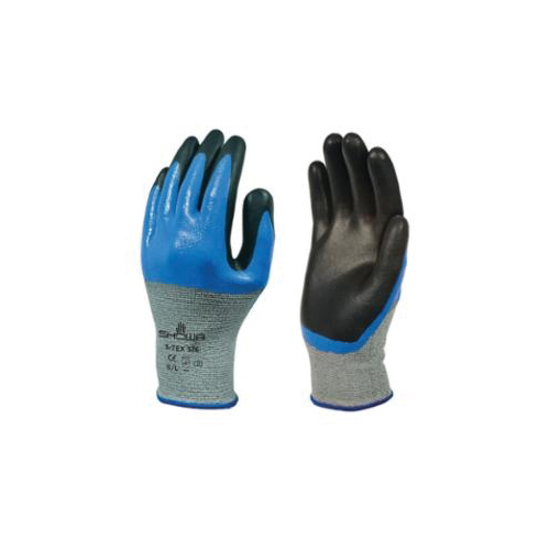 S-TEX® 376L-08 General Purpose Gloves, Coated, Straight Thumb Style, L/SZ 8, Foam Nitrile Palm, 13 ga Stainless Steel/Polyester, Black/Blue, Elastic/Knit Wrist Cuff, Foam Nitrile Coating, Resists: Abrasion, Blade Cut, Puncture and Tear