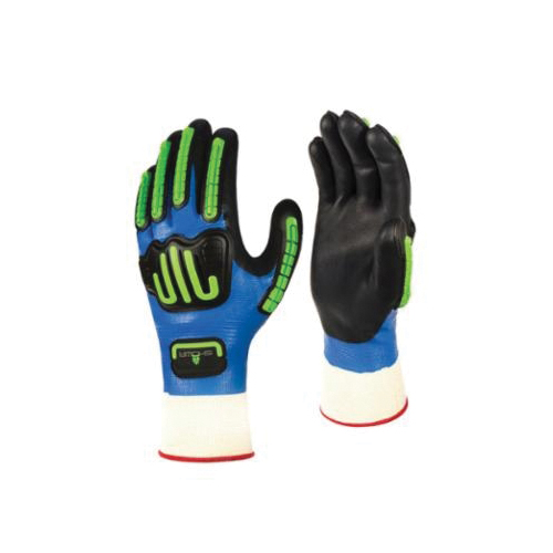 SHOWA® 377IPL-08 Anti-Impact General Purpose Gloves, Coated, L/SZ 8, Foam Nitrile Palm, 13 ga Nylon/Polyester, Black/Blue/Green/White, Elastic/Knit Wrist Cuff, Foam Nitrile Coating, Resists: Abrasion, Blade Cut, Puncture and Tear