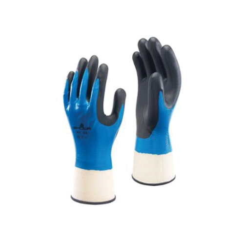 SHOWA® 377L-08 Vend Ready General Purpose Gloves, Coated/Multi-Purpose, L/SZ 8, Foam Nitrile Palm, Nylon/Polyester, Black/Blue/White, Elastic/Knit Wrist Cuff, Foam Nitrile Coating, Resists: Abrasion, Blade Cut, Puncture and Tear, Seamless Knit Lining