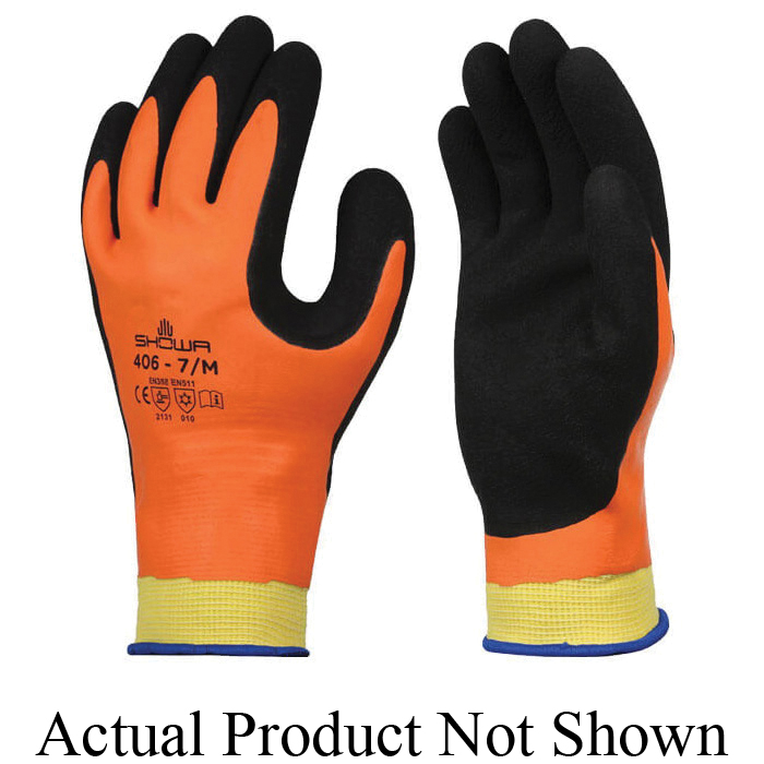 SHOWA® 406L-08 General Purpose Gloves, Coated/Thermal, Anatomical/Rough Textured Style, L/SZ 8, Acrylic/Nylon/Natural Rubber Latex/Polyester, Black/Hi-Viz Orange, Elastic/Knit Wrist Cuff, Natural Rubber Latex Coating, Resists: Cold and Water
