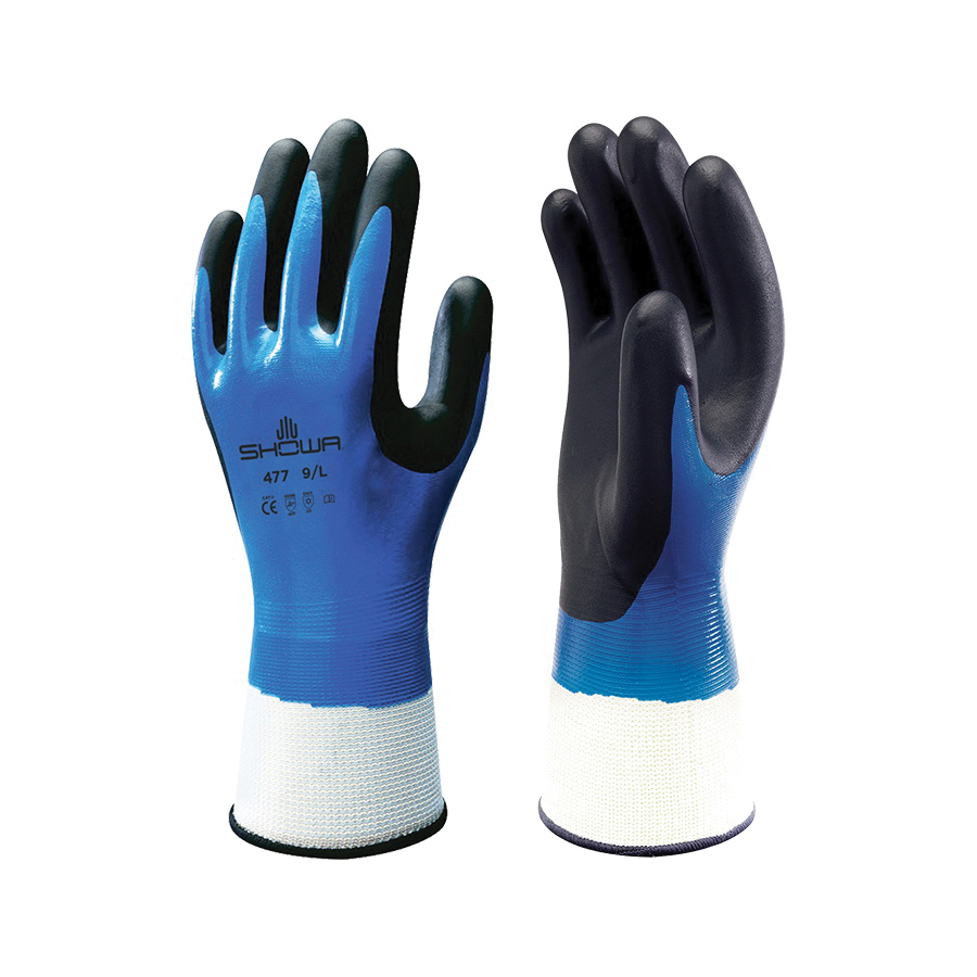 SHOWA® 477XL-09 Insulating General Purpose Gloves, Coated, Straight Thumb Style, XL/SZ 9, Nitrile Palm, Acrylic/Cotton/Polyester, Black/Blue/White, Elastic/Knit Wrist Cuff, Foam Nitrile Coating, Resists: Abrasion, Blade Cut, Oil, Puncture and Tear