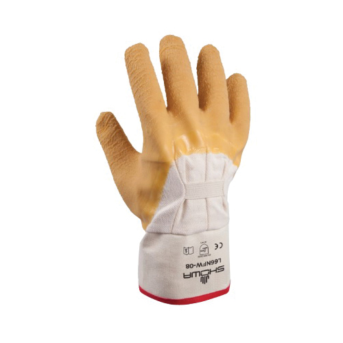 SHOWA® 66NFW-10 Heavy Duty General Purpose Gloves, Coated, L/SZ 10, Natural Rubber Latex Palm, Cotton, White/Yellow, Reinforced Safety Cuff, Natural Rubber Latex Coating, Resists: Abrasion, Cut and Puncture, Cotton Flannel/Seamless Knit Lining