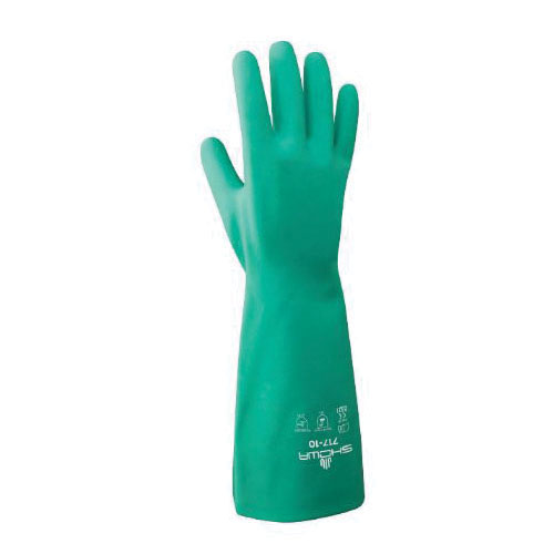 SHOWA® 717-09 Chemical-Resistant Gloves, L/SZ 9, Nitrile, Light Green, Unlined Lining, 13 in L, Resists: Abrasion, Chemicals and Oil, Unsupported Support, Straight Cuff, 11 mil THK