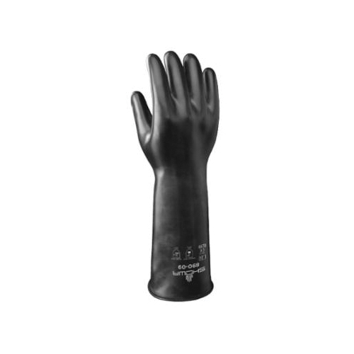 SHOWA® 890-10 Chemical-Resistant Gloves, XL/SZ 10, FKM over Butyl, Black, Unlined Lining, 14 in L, Resists: Aromatic Hydrocarbons, Unsupported Support, Rolled Cuff, 28 mil THK