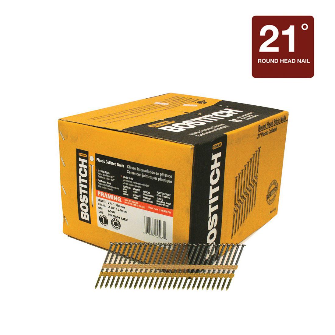 Bostitch® RH-S8D113EP RH-S 21 deg Plastic Collated Framing Nail, 2-3/8 in L, 0.113 in Dia, 12 ga, Coated, Steel