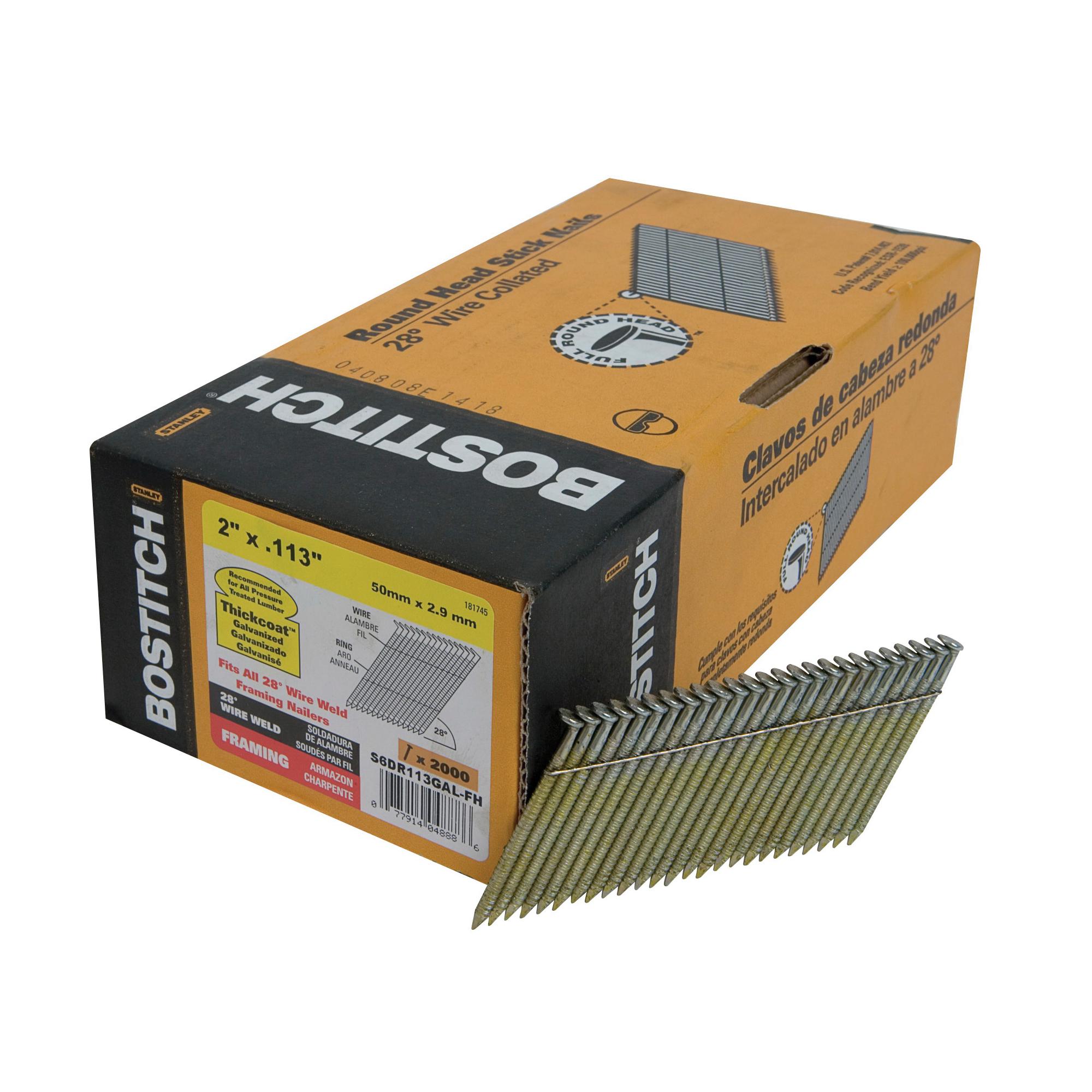 Bostitch® S6DR113GAL-FH S Series 28 deg Wire Collated Framing Nail, 2 in L, 0.113 in Dia, 12 ga, Thickcoat™ Galvanized, Steel