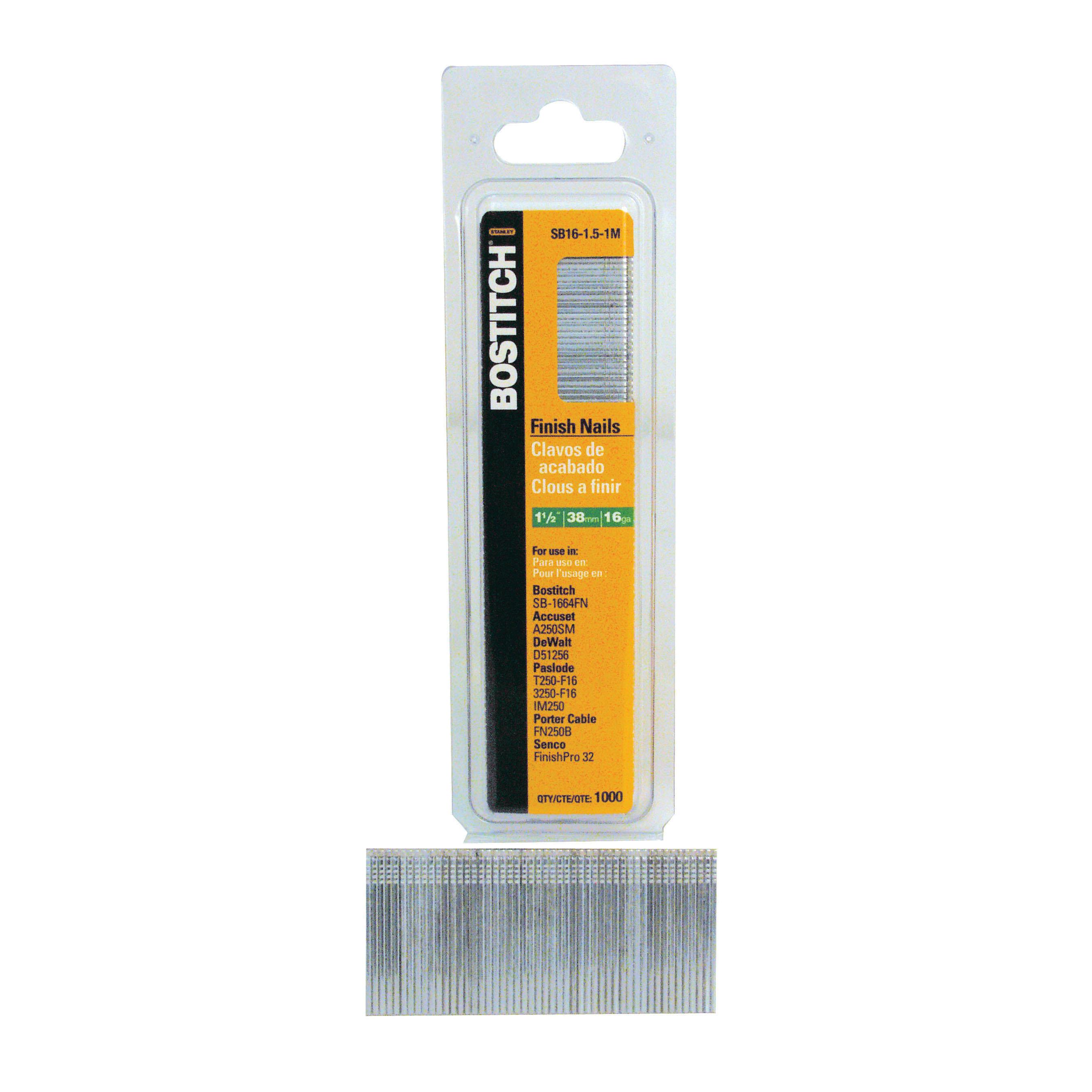 Bostitch® SB16-1.5-1M SB16 Straight Finishing Nail, 1-1/2 in L, 1/16 in Dia, 16 ga, Bright, Steel