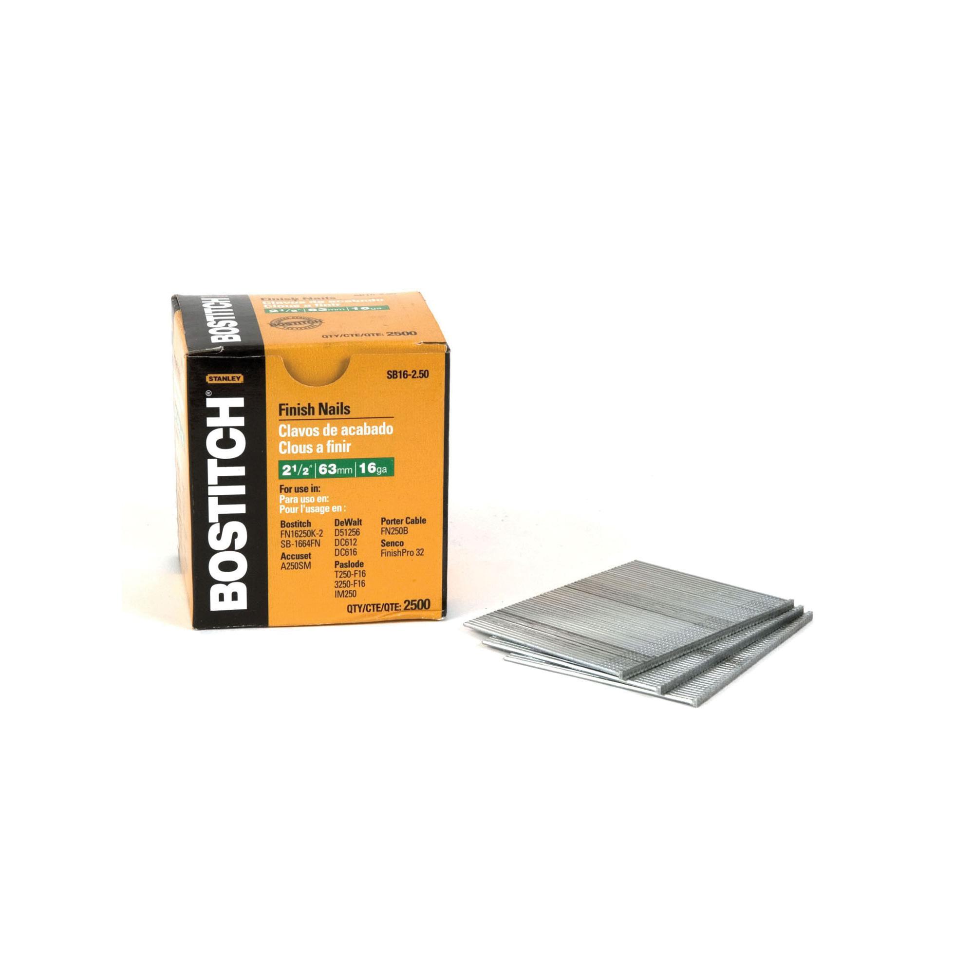 Bostitch® SB16-2.50 SB16 Straight Finishing Nail, 2-1/2 in L, 1/16 in Dia, 16 ga, Bright, Steel