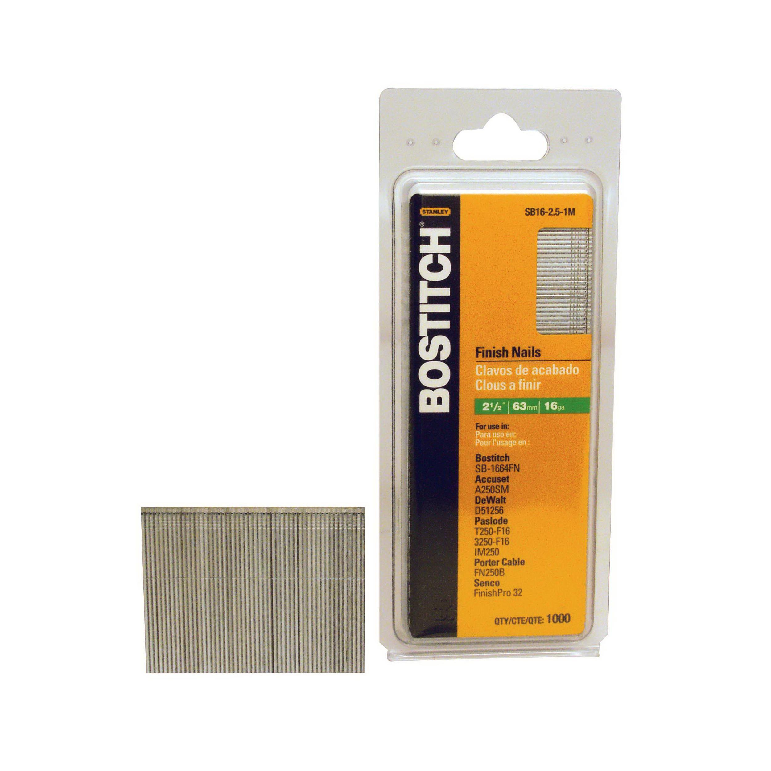 Bostitch® SB16-2.5-1M SB16 Straight Finishing Nail, 2-1/2 in L, 1/16 in Dia, 16 ga, Bright, Steel
