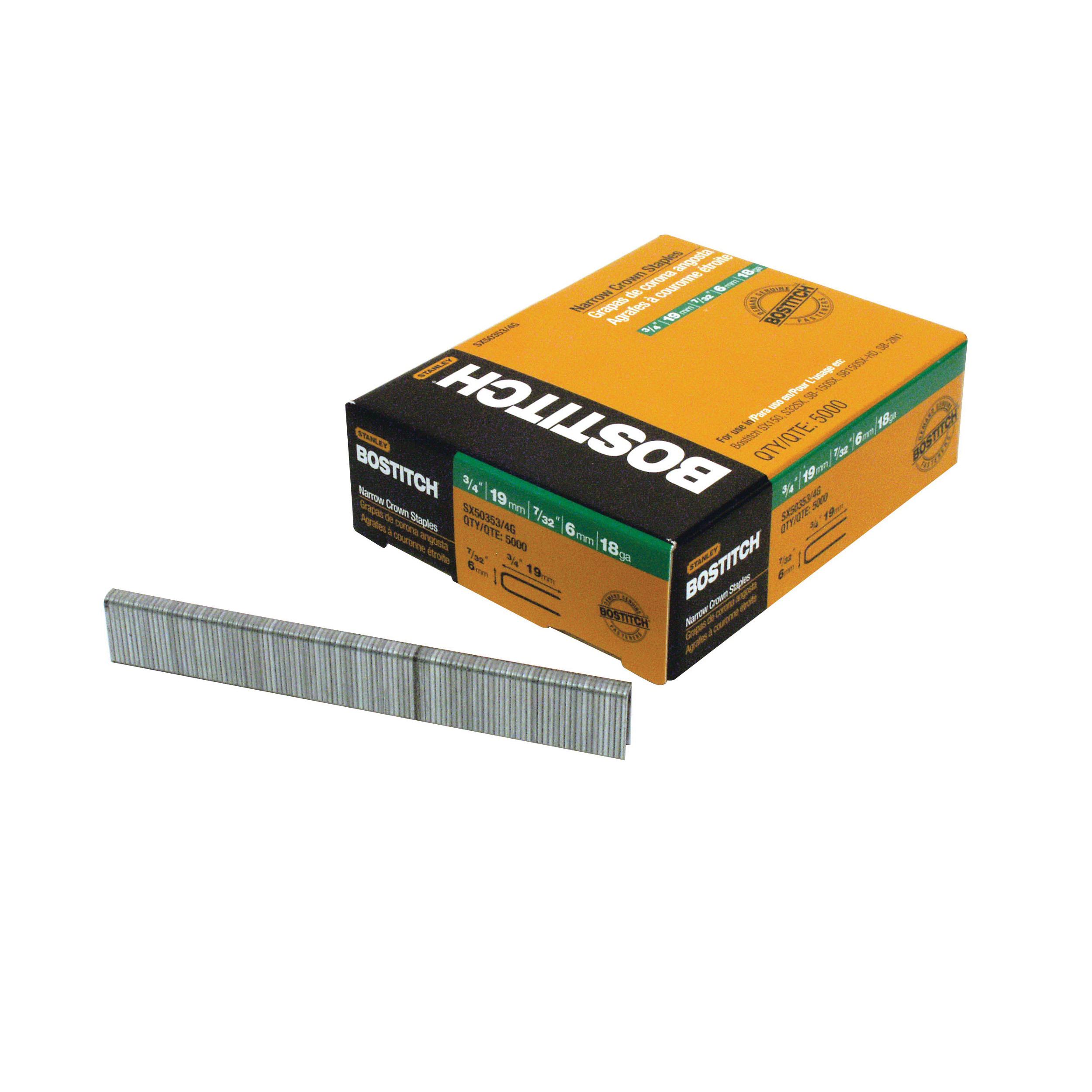 Bostitch® SX50353/4G SX Series Narrow Crown Staples, 3/4 in L Leg, Chisel Point, Steel, 7/32 in W Crown